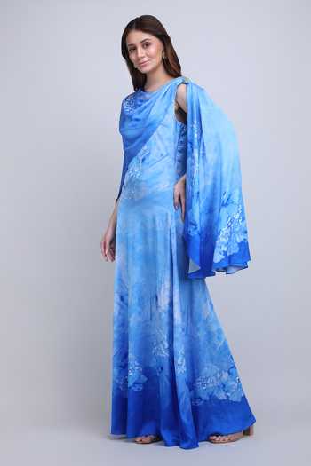 Shop_Mandira Wirk_Blue Satin, Lycra Cowl Neck Azure Cape Draped Dress _Online_at_Aza_Fashions