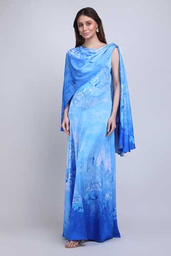 Mandira Wirk_Blue Satin, Lycra Cowl Neck Azure Cape Draped Dress _at_Aza_Fashions