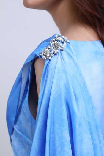 Buy_Mandira Wirk_Blue Satin, Lycra Cowl Neck Azure Cape Draped Dress 