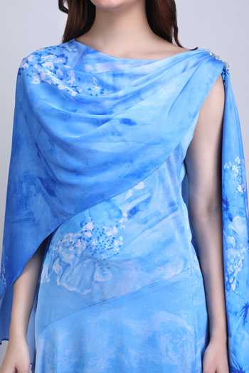 Shop_Mandira Wirk_Blue Satin, Lycra Cowl Neck Azure Cape Draped Dress 