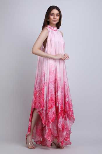Mandira Wirk_Pink Satin High Neck Blush Asymmetric Low Dress _Online_at_Aza_Fashions