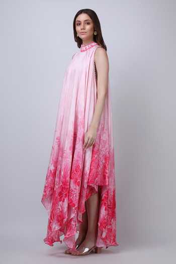 Buy_Mandira Wirk_Pink Satin High Neck Blush Asymmetric Low Dress _Online_at_Aza_Fashions