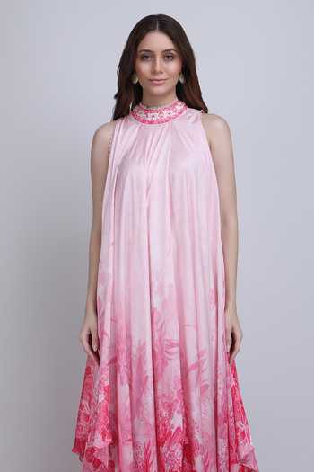 Shop_Mandira Wirk_Pink Satin High Neck Blush Asymmetric Low Dress _Online_at_Aza_Fashions