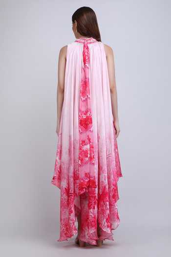 Mandira Wirk_Pink Satin High Neck Blush Asymmetric Low Dress _at_Aza_Fashions