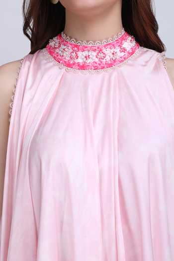 Buy_Mandira Wirk_Pink Satin High Neck Blush Asymmetric Low Dress 