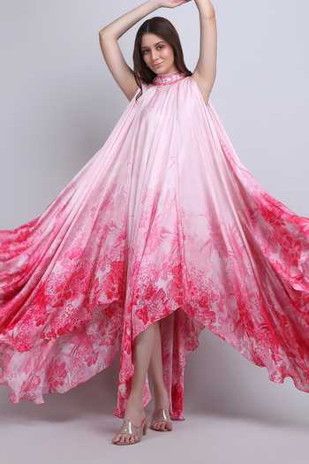Shop_Mandira Wirk_Pink Satin High Neck Blush Asymmetric Low Dress 
