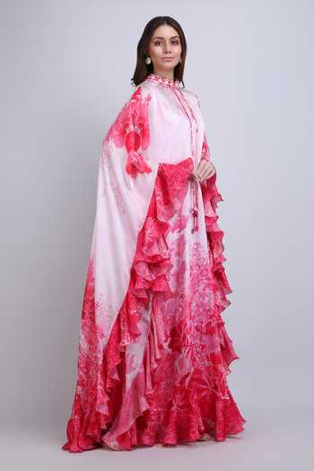 Mandira Wirk_Pink Satin Mandarin Collar Placement Embroidered Kaftan _Online_at_Aza_Fashions