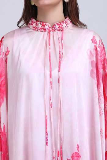 Buy_Mandira Wirk_Pink Satin Mandarin Collar Placement Embroidered Kaftan _Online_at_Aza_Fashions
