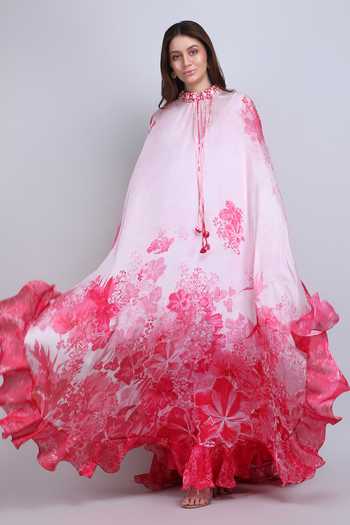 Shop_Mandira Wirk_Pink Satin Mandarin Collar Placement Embroidered Kaftan _Online_at_Aza_Fashions