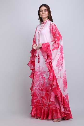 Mandira Wirk_Pink Satin Mandarin Collar Placement Embroidered Kaftan _at_Aza_Fashions