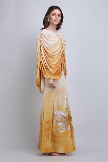 Mandira Wirk_Yellow Silk Cowl Neck Orchre Drape Jersey Dress _Online_at_Aza_Fashions