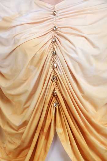 Shop_Mandira Wirk_Yellow Silk Cowl Neck Orchre Drape Jersey Dress _Online_at_Aza_Fashions