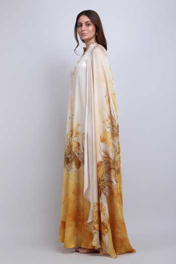 Mandira Wirk_Gold Satin V-neck Orchre Floral Pattern Dress _Online_at_Aza_Fashions