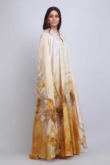 Buy_Mandira Wirk_Gold Satin V-neck Orchre Floral Pattern Dress _Online_at_Aza_Fashions