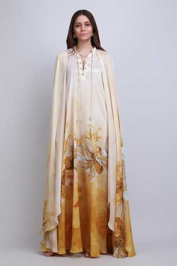 Shop_Mandira Wirk_Gold Satin V-neck Orchre Floral Pattern Dress _Online_at_Aza_Fashions