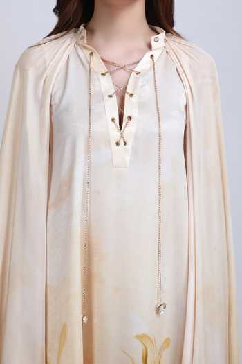 Mandira Wirk_Gold Satin V-neck Orchre Floral Pattern Dress _at_Aza_Fashions