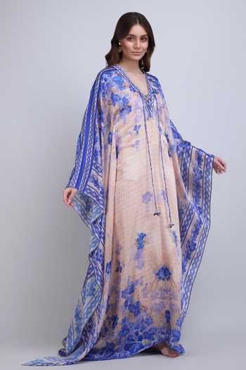 Buy_Mandira Wirk_Purple Satin, Chiffon V-neck Denser Duo Floral Classic Kaftan _Online_at_Aza_Fashions