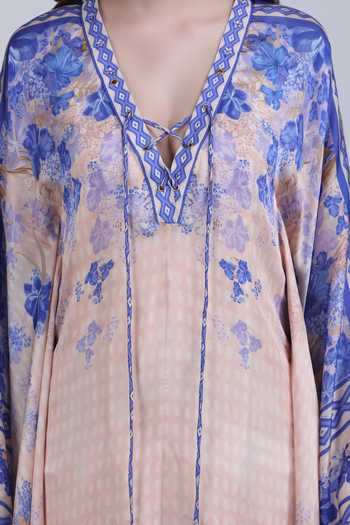 Shop_Mandira Wirk_Purple Satin, Chiffon V-neck Denser Duo Floral Classic Kaftan _Online_at_Aza_Fashions