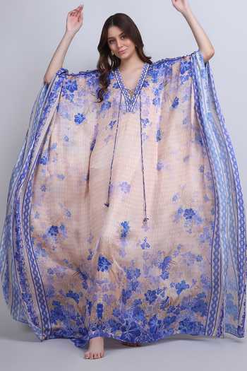 Mandira Wirk_Purple Satin, Chiffon V-neck Denser Duo Floral Classic Kaftan _at_Aza_Fashions