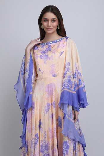 Mandira Wirk_Purple Crepe, Viscose Boat Neck Floral Print Dress _Online_at_Aza_Fashions