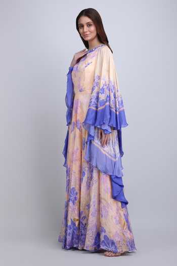 Buy_Mandira Wirk_Purple Crepe, Viscose Boat Neck Floral Print Dress _Online_at_Aza_Fashions