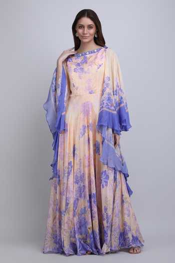 Shop_Mandira Wirk_Purple Crepe, Viscose Boat Neck Floral Print Dress _Online_at_Aza_Fashions