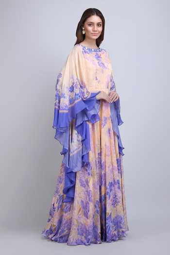 Mandira Wirk_Purple Crepe, Viscose Boat Neck Floral Print Dress _at_Aza_Fashions