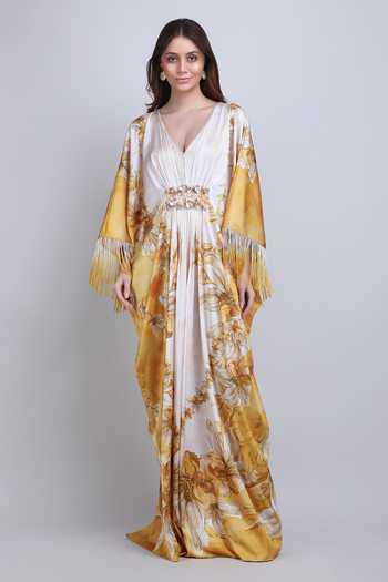 Mandira Wirk_Yellow V-neck Orchre Gold Fringe Drape Kaftan _Online_at_Aza_Fashions
