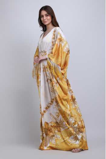 Buy_Mandira Wirk_Yellow V-neck Orchre Gold Fringe Drape Kaftan _Online_at_Aza_Fashions
