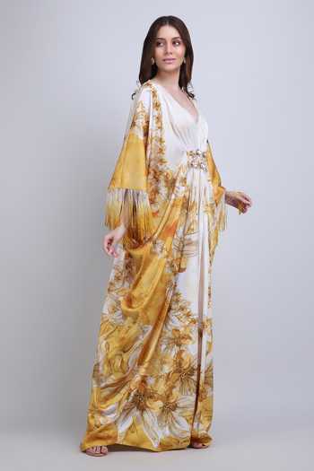 Shop_Mandira Wirk_Yellow V-neck Orchre Gold Fringe Drape Kaftan _Online_at_Aza_Fashions