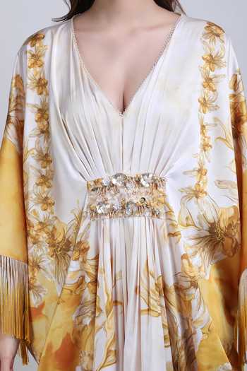 Mandira Wirk_Yellow V-neck Orchre Gold Fringe Drape Kaftan _at_Aza_Fashions