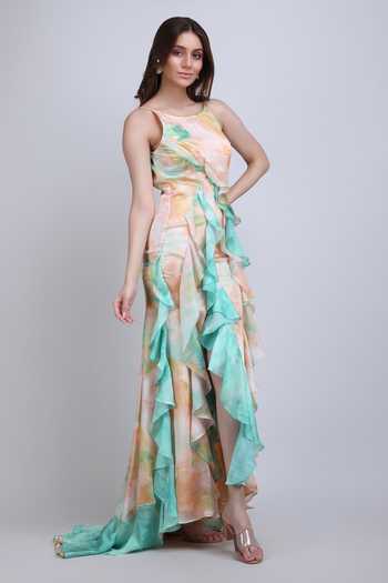 Mandira Wirk_Green Satin, Chiffon Asymmetric Soft Marble Ruffle Cascade Dress _Online_at_Aza_Fashions