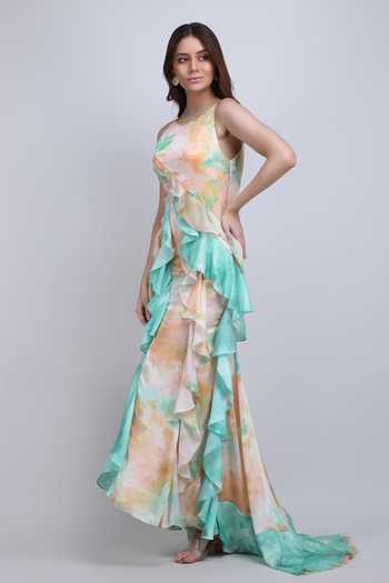 Buy_Mandira Wirk_Green Satin, Chiffon Asymmetric Soft Marble Ruffle Cascade Dress _Online_at_Aza_Fashions