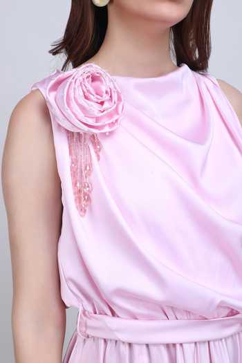 Mandira Wirk_Pink Silk, Crepe Cowl Neck Blush Floral Midi Dress _Online_at_Aza_Fashions