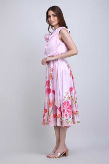 Buy_Mandira Wirk_Pink Silk, Crepe Cowl Neck Blush Floral Midi Dress _Online_at_Aza_Fashions