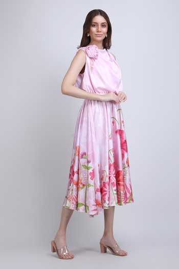 Shop_Mandira Wirk_Pink Silk, Crepe Cowl Neck Blush Floral Midi Dress _Online_at_Aza_Fashions