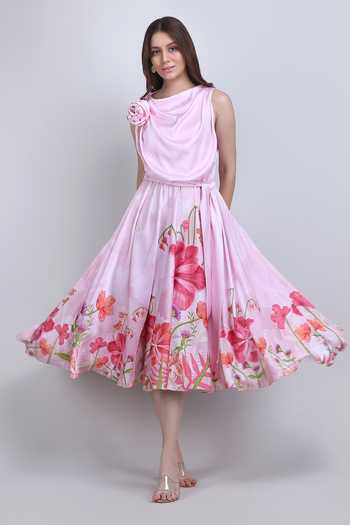 Mandira Wirk_Pink Silk, Crepe Cowl Neck Blush Floral Midi Dress _at_Aza_Fashions
