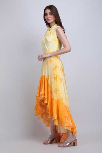 Mandira Wirk_Yellow Crepe, Viscose Keyhole , High Floral Low Ruffle Dress _Online_at_Aza_Fashions