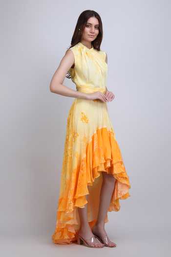 Buy_Mandira Wirk_Yellow Crepe, Viscose Keyhole , High Floral Low Ruffle Dress _Online_at_Aza_Fashions