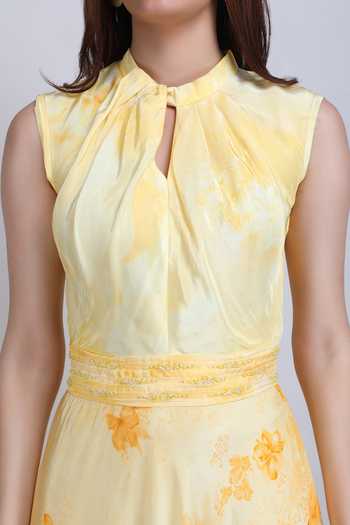 Shop_Mandira Wirk_Yellow Crepe, Viscose Keyhole , High Floral Low Ruffle Dress _Online_at_Aza_Fashions