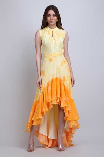 Mandira Wirk Yellow Floral High Low Ruffle Dress 