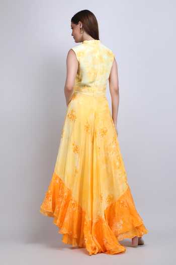 Mandira Wirk Yellow Floral High Low Ruffle Dress 