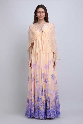 Mandira Wirk_Purple Chiffon, Viscose Scoop Neck, Denser Duo Floral Placement Cape Gown _Online_at_Aza_Fashions