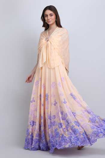 Buy_Mandira Wirk_Purple Chiffon, Viscose Scoop Neck, Denser Duo Floral Placement Cape Gown _Online_at_Aza_Fashions
