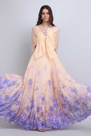 Shop_Mandira Wirk_Purple Chiffon, Viscose Scoop Neck, Denser Duo Floral Placement Cape Gown _Online_at_Aza_Fashions