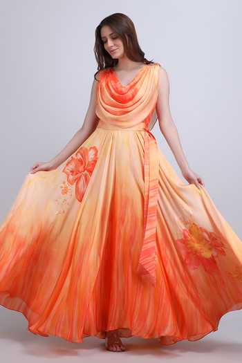Mandira Wirk_Orange Satin, Chiffon Cowl Neck Sunset Drape Maxi Dress _Online_at_Aza_Fashions