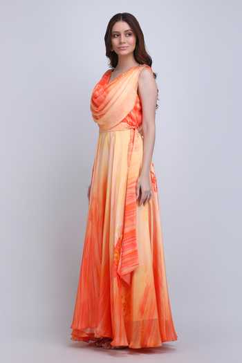 Buy_Mandira Wirk_Orange Satin, Chiffon Cowl Neck Sunset Drape Maxi Dress _Online_at_Aza_Fashions