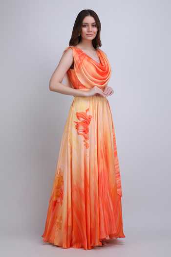 Shop_Mandira Wirk_Orange Satin, Chiffon Cowl Neck Sunset Drape Maxi Dress _Online_at_Aza_Fashions
