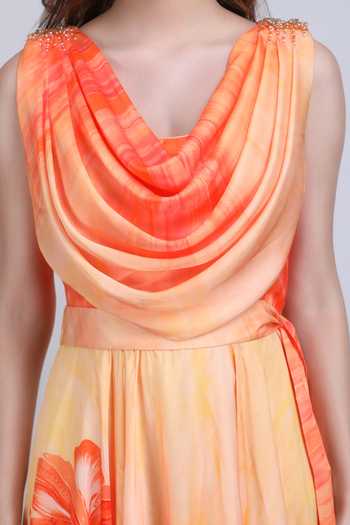 Mandira Wirk_Orange Satin, Chiffon Cowl Neck Sunset Drape Maxi Dress _at_Aza_Fashions