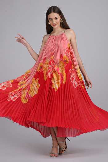 Mandira Wirk_Pink Halter Neck Crimson Pleated Dress _Online_at_Aza_Fashions